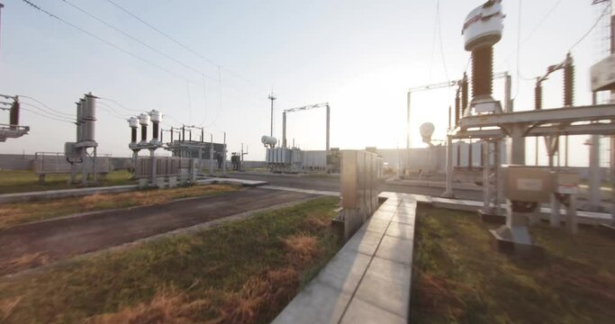 Power station fpv drone shot, electricity, Transformer substation