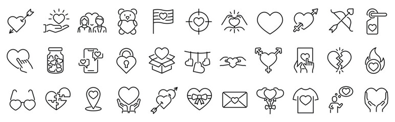 Set of outline icons related to love, heart, charity, relations, valentines day . Linear icon collection. Editable stroke. Vector illustration - obrazy, fototapety, plakaty