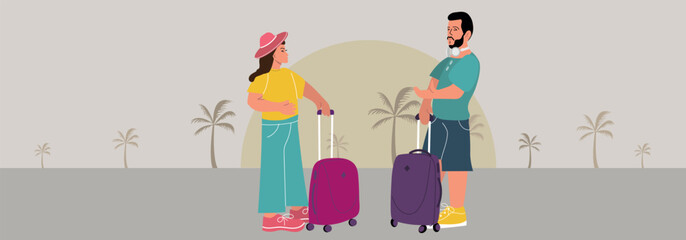 Tourist characters. Young married couple, tourists travel with bags, suitcases. Summer holidays people isolated vector. Illustration of summer travel character, woman and man