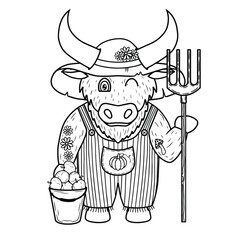 Farm bull with apples and ranch hat