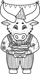 Farm bull with birthday cake, party hat and birthday decorations