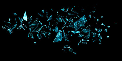Broken blue glass on the black bachground. Isolated realistic cracked glass effect. 3d illustration	 - obrazy, fototapety, plakaty