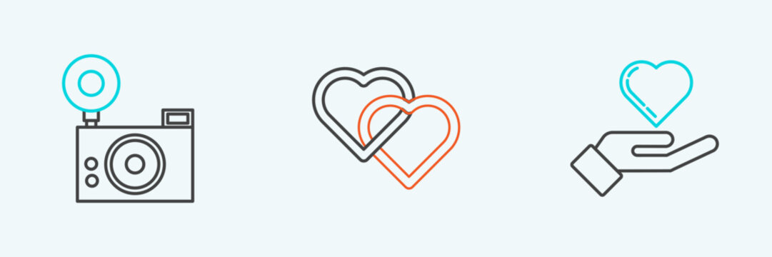 Set line Heart on hand, Photo camera and Two Linked Hearts icon. Vector
