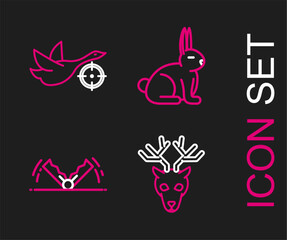 Fototapeta premium Set line Deer head with antlers, Trap hunting, Rabbit and Hunt on duck crosshairs icon. Vector