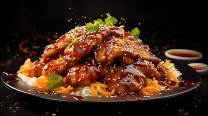 white rice with teriyaki beef and cut vegetables on a plate with black and blurry background