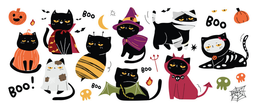 Happy Halloween day lovey pet vector. Cute collection of cats with halloween costumes, ghost, bat, pumpkin, spider. Adorable animal characters in autumn festival for decoration, prints, cover.
