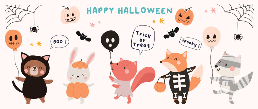 Happy Halloween day lovey animal vector. Cute collection of wildlife with halloween costumes, fox, rabbit, bear, spider. Adorable animal characters in autumn festival for decoration, prints, cover.