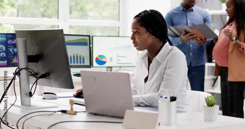 Poster african financial data analysts using dashboard on screens
