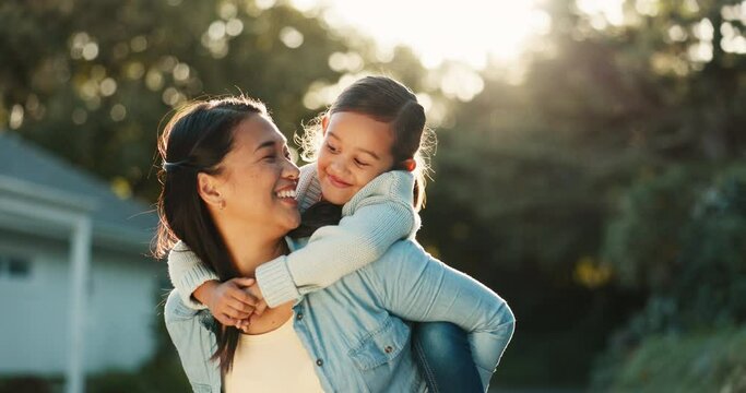 Face, mother and piggyback kid outdoor, smile and bonding together by house or home. Portrait, happy and mom carrying girl child at garden with love, care and family enjoy quality time in backyard