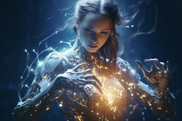 An awe-inspiring portrayal of a robot with luminescent energy coursing through her artificial veins, symbolizing her extraordinary power Generative AI