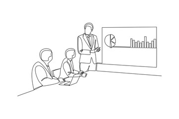 Continuous one line drawing business concepts of analytics, planning, marketing research, work communication, goal settings. Single line draw design vector graphic illustration.