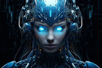 A visually elaborate depiction of a female robot with eyes that emit a soft, bioluminescent glow in the dark Generative AI