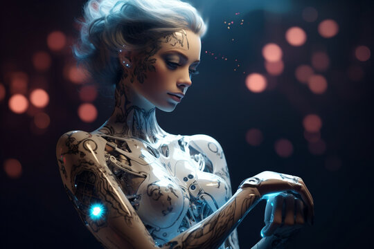 An enchanting image of a female robot with glowing tattoos that change colors in response to her emotions Generative AI