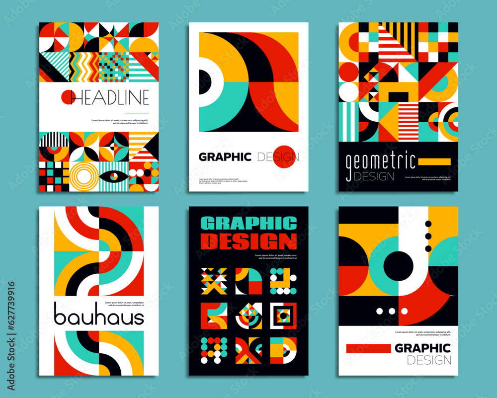 Aufkleber Bauhaus posters. Geometric abstract patterns with minimal shapes. Vector backgrounds, vintage art layout templates with bold typography and primitive elements as circles, triangles, dots and squares