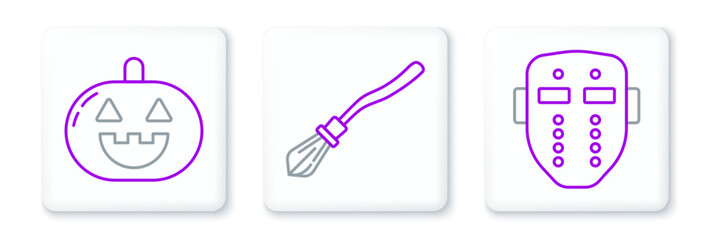 Set line Hockey mask, Pumpkin and Witches broom icon. Vector