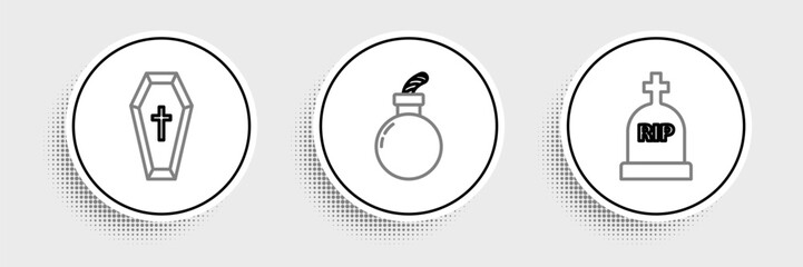 Set line Tombstone with RIP, Coffin christian cross and Bomb ready explode icon. Vector