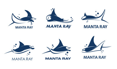 Manta ray animal icons, stingray or sting ray fish on water wave with bubbles, vector emblems for company. Manta ray symbols for marine brand, yacht sport club or sea and ocean holiday resort sign © Vector Tradition
