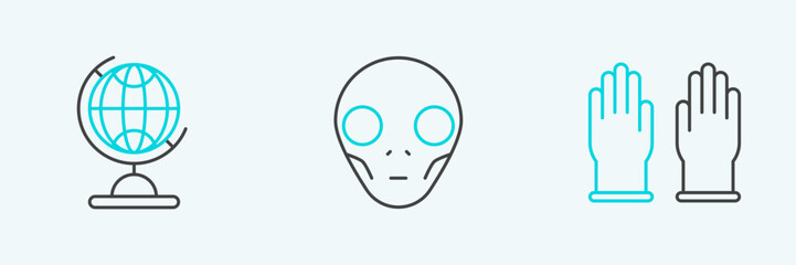 Set line Rubber gloves, Earth globe and Extraterrestrial alien face icon. Vector