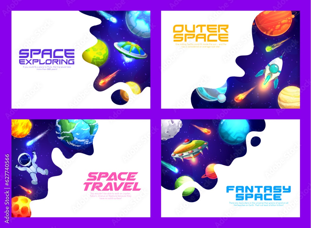 Poster Space landing pages, galaxy universe planets and spaceships, vector website template. Outer space discovery, travel and galaxy exploration, fantasy alien UFO and spaceman in starry sky