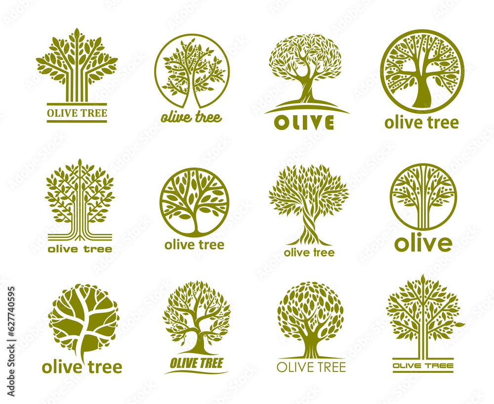 Wall mural olive tree icons, olive oil labels for organic natural food, vector symbols. olive tree silhouettes 