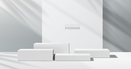 Grey podium background, product display platforms or stage scene with vector leaves shadow. Gray podium studio, exhibition showroom pedestal with light on wall, square box stage podiums background - obrazy, fototapety, plakaty
