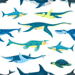 Cartoon aquatic dinosaur characters seamless pattern. Wrapping paper, fabric print vector pattern with Ophthalmosaurus, Kronosaurus, Plesiosaurus and Tylosaurus, Liopleurodon, Elasmosaurus dinosaurs