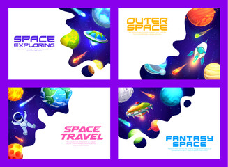 Space landing pages, galaxy universe planets and spaceships, vector website template. Outer space discovery, travel and galaxy exploration, fantasy alien UFO and spaceman in starry sky