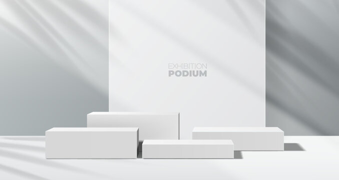 Grey podium background, product display platforms or stage scene with vector leaves shadow. Gray podium studio, exhibition showroom pedestal with light on wall, square box stage podiums background