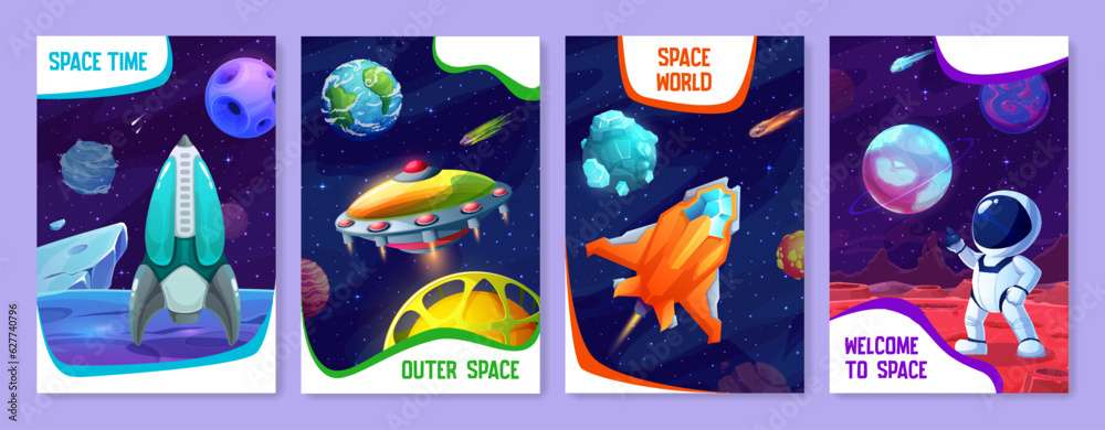 Poster cartoon space posters. vector vertical cards with spacecraft in starry universe. ufo saucer, rocket,