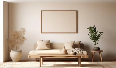 Warm, cozy living room beige interior with mock up poster frame template on wall, comfortable sofa, fabric couch, wooden coffee table, vases, flowerpot. Window light. Clean minimal apartment for rent