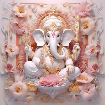 A white Ganesha Amidst Pink Florals 