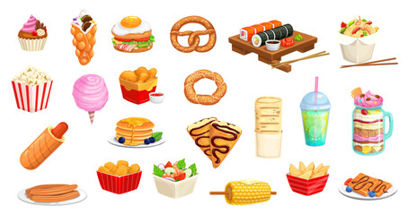 Cartoon fast food snacks, desserts, sandwiches, drinks and pastry, vector icons. Hot dog, pancake crepe and sushi, milkshake and popcorn with bubble waffles, chicken and corn grill for fast food menu