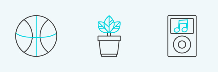 Set line Music player, Basketball ball and Flowers in pot icon. Vector