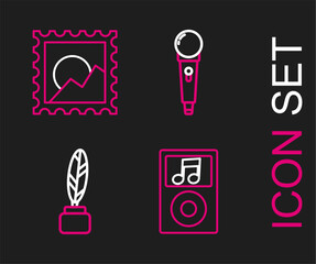 Set line Music player, Feather and inkwell, Microphone and Picture landscape icon. Vector