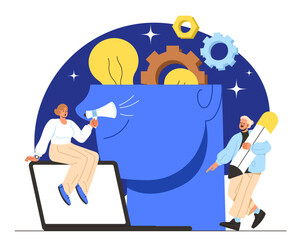 Business start concept. Woman with loudspeaker and man with pencil near smartphone. Entrepreneurs with ideas for start up and business project. Cartoon flat vector illustration