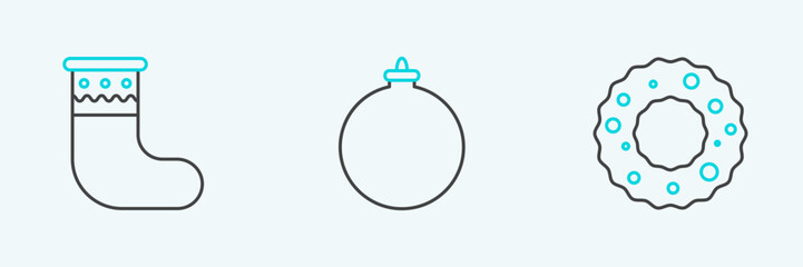 Set line Christmas wreath, stocking and ball icon. Vector