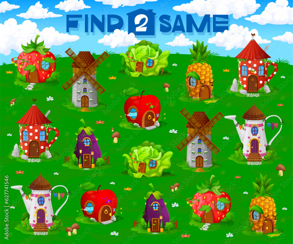 Poster Find two same cartoon fairytale houses in kids game worksheet, vector puzzle quiz. Find and match same pictures of fairy village dwellings in teapot and mug, windmill or cabbage and pineapple