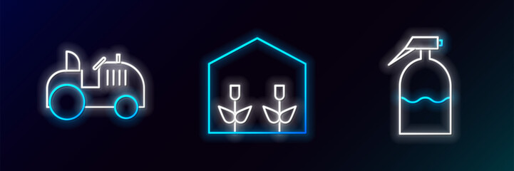 Set line Garden sprayer, Tractor and Home greenhouse and plants icon. Glowing neon. Vector