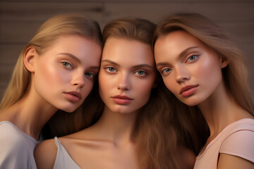 Beauty Portrait of Three Diverse Multiethnic Models on plain background. Wellness, Spa, Cosmetology, Skincare Concept. AI generative