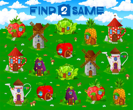 Find two same cartoon fairytale houses in kids game worksheet, vector puzzle quiz. Find and match same pictures of fairy village dwellings in teapot and mug, windmill or cabbage and pineapple