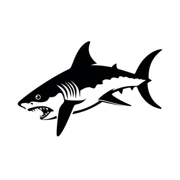 Vector illustration of a black silhouette shark. Isolated white background. Icon fish shark side view profile.