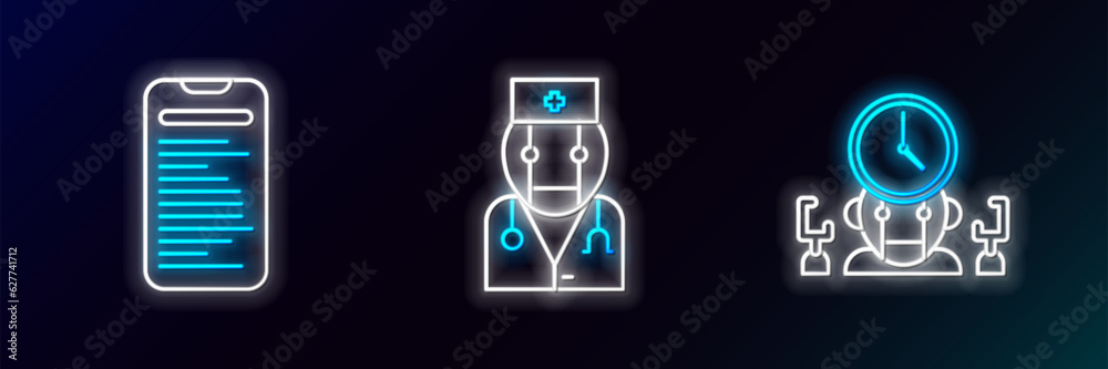 Poster set line robot and digital time manager, computer api interface and doctor icon. glowing neon. vecto