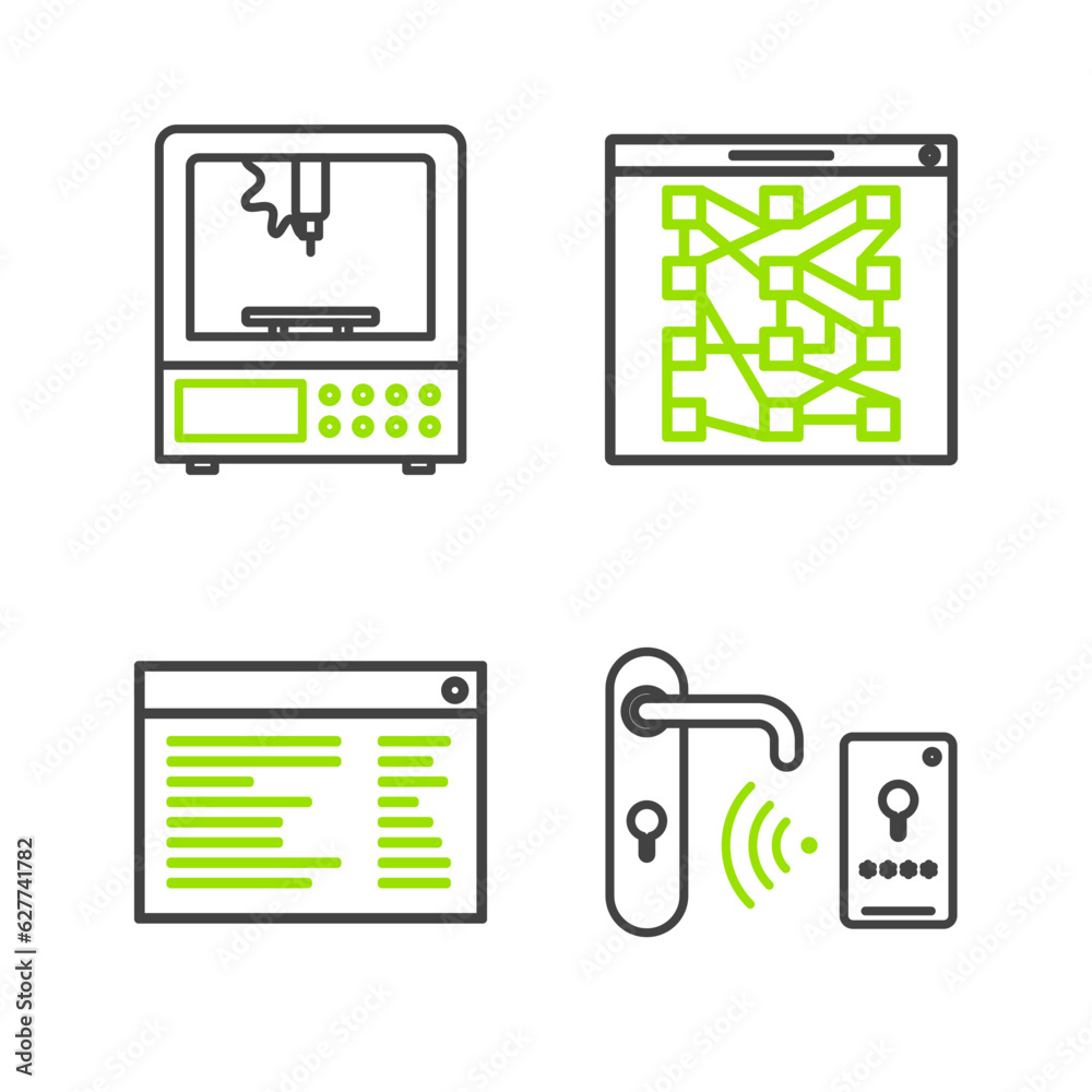 Poster set line digital door lock with wireless technology for unlock, software, web developer programming 