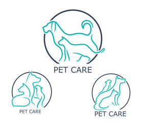Pet clinic icons, pet veterinary care symbols. Domestic animal medical service, pet veterinarian hospital or clinic vector icon. Vet doctor sign or symbol with cat, dog and parrot bird silhouettes