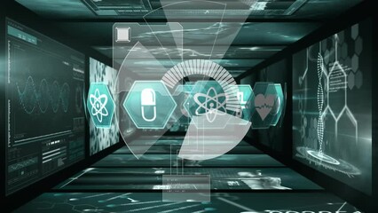 Animation of medical icons, scope scanning and data processing on screens