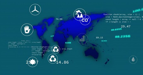 Animation of eco icons and data processing and world map over blue background - Powered by Adobe