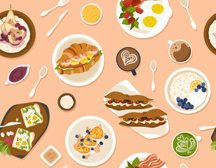 Seamless pattern with breakfast food. Repeating design element for printing on fabric. Sandwiches with vegetables, eggs and meat. Milk porridge with fruits, berries. Cartoon flat vector illustration