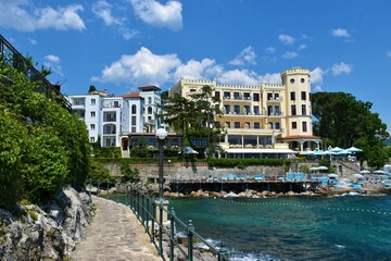 Seaside path and hotels at Adriatic sea coast in Opatija, Croatia