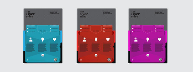 Eye catching flyer design with three color combination. Unique shapes with Eastern Blue, Red and Violet.