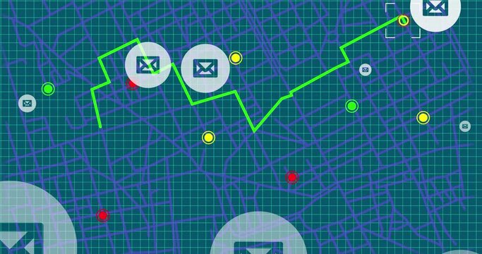 Animation of email icons, green location line and data processing over blue background